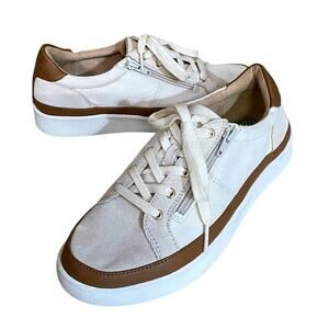 Vionic Mayra Canvas Suede Sneakers Size White Brown Lace Up Rubber Soles